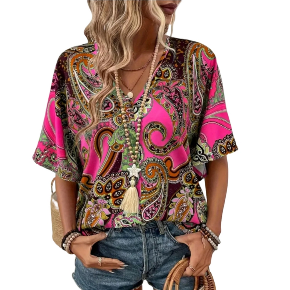 Paisley Top Lightweight Boho Barbie Pink Green Brown Blouse Earrings Set